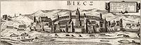 Biecz - Panorama Biecza u schyku XVI wieku, miedzioryt z dziea Georga Brauna i Fransa Hogenberga 'Civitates orbis terrarum' tworzonego w 2 poowie XVI wieku