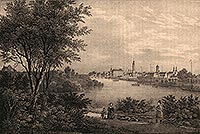 Gogw - Miasto i zamek na litografii Eduarda Pietzscha, Borussia 1837