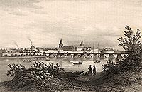 Kostrzyn - Zamek i most na Odrze na litografii Eduarda Pietzscha, Borussia 1842