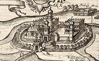 owicz - Zamek w owiczu na przeomie XVI i XVII wieku, fragment miedziorytu z dziea Georga Brauna i Fransa Hogenberga 'Civitates orbis terrarum'