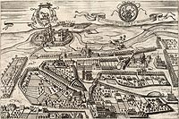 owicz - Panorama owicza na przeomie XVI i XVII wieku, miedzioryt z dziea Georga Brauna i Fransa Hogenberga 'Civitates orbis terrarum'