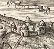 Przemyl - Zamek w Przemylu na przeomie XVI i XVII wieku, fragment miedziorytu z dziea Georga Brauna i Fransa Hogenberga 'Civitates orbis terrarum'