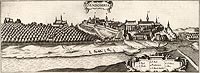Sandomierz - Panorama miasta na przeomie XVI i XVII wieku, miedzioryt z dziea Georga Brauna i Fransa Hogenberga 'Civitates orbis terrarum'