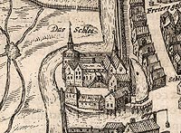 wiebodzin - Zamek w wiebodzinie na przeomie XVI i XVII wieku, fragment miedziorytu z dziea Georga Brauna i Fransa Hogenberga 'Civitates orbis terrarum'