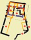 Zamek na Ślęży - Rekonstrukcja planu zamku na tle obecnej kaplicy, Roland Mruczek, Michał Stefanowicz, 2004. Kolorem czarnym oznaczone istniejące mury zamku, kolorem żółtym rekonstrukcja rozplanowania, niebieskim - kaplica. 1,2 - budynki mieszkalne, 3 - schody, 4 - budynek wieżowy w kształcie litery L, 5 - możliwa wieża, 6 - miejsca umieszczenia bramy wjazdowej, 7 - mury obwodowe