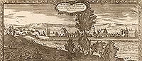 Zamek w Brześciu Kujawskim - Panorama miasta z zamkiem po prawej stronie na sztychu Erika Dahlbergha z dzieła Samuela Pufendorfa 'De rebus a Carolo Gustavo gestis', 1656 rok