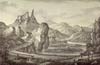 Zamek w Czorsztynie - Widok ruin XIV-wiecznego zamku w Czorsztynie od strony zachodniej na litografii Karola Auera według rysunku Antoniego Lange, 'Galicja w obrazach', Lwów 1837-1838