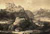 Zamek w Czorsztynie - Na pierwszym planie ruiny zamku w Czorsztynie na litografii Napoleona Ordy, 'Album Widoków', Seria 6, 1880