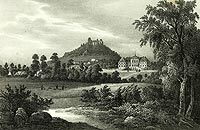 Zamek Grodziec - Ruiny zamku i pałac w Grodźcu na litografii Heinricha Wilhelma Teichgräber z 1842 roku